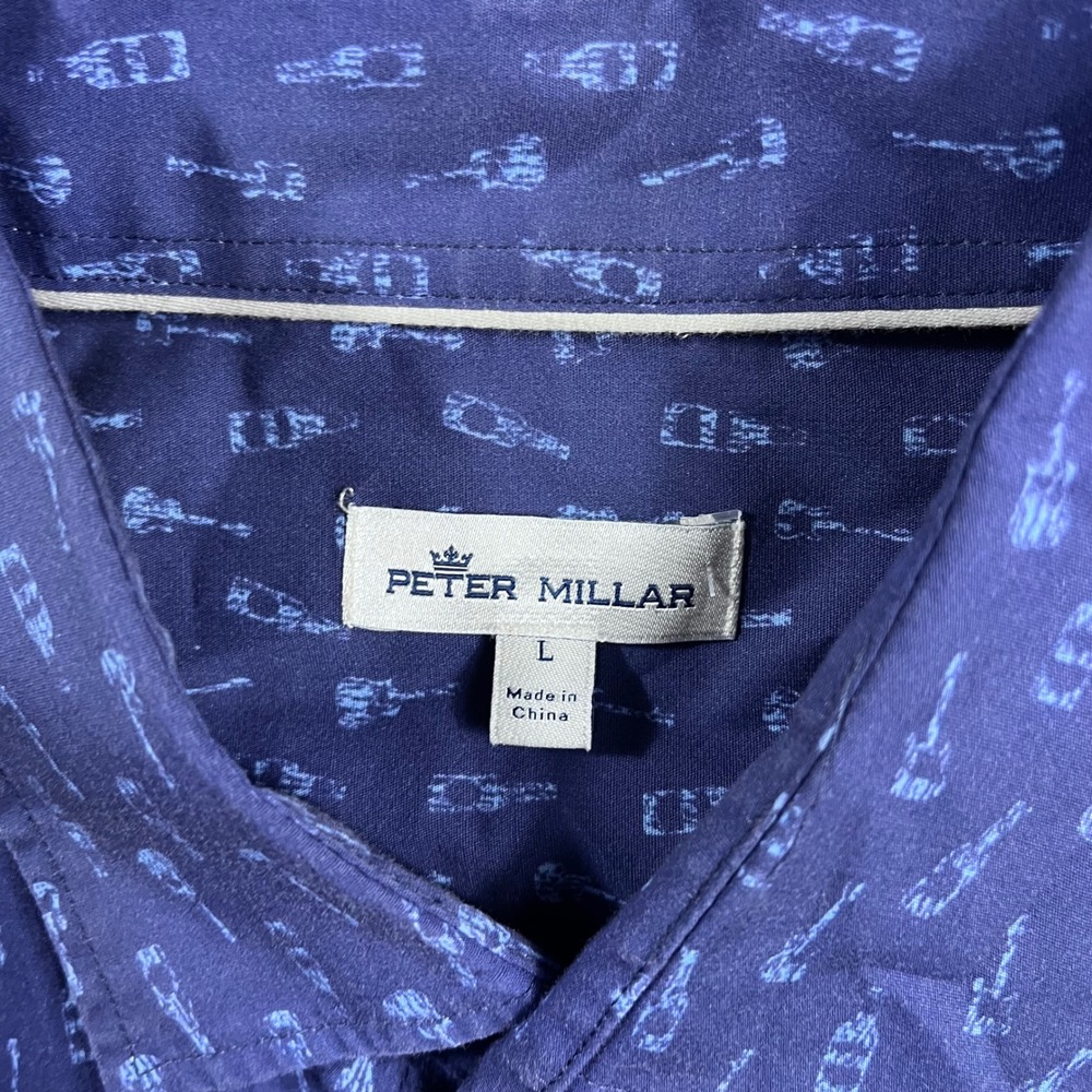 Peter Millar Mens Large Blue Guitar Bottle Print Short Sleeve Button Down Shirt - Picture 2 of 8